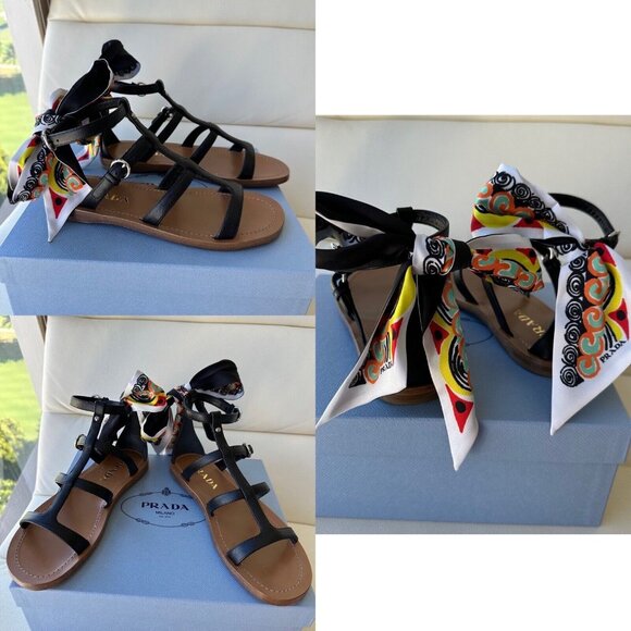 NEW PRADA SANDALS BLACK LEATHER GLADIATOR SILK BOWS 38.5 - Picture 1 of 7